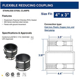 Supply Giant 6I58x2 Flexible Pvc Reducing Coupling with Stainless Steel Clamps 4 x 3 inch Black (pack of 2), 4 x 3