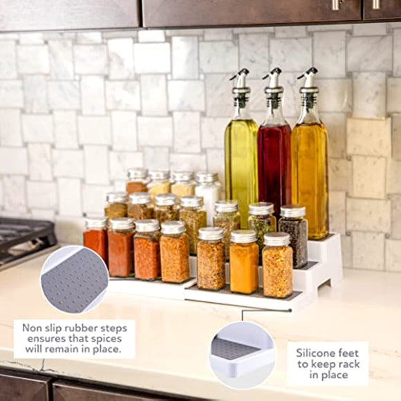 3–Tier Expandable Spice Rack - Adjustable Length, Stability with Non-Skid Shelf, Three Tiers for Easy Visibility, Organizer for Kitchen Cabinet, Pantry or Countertop. (2-PACK)