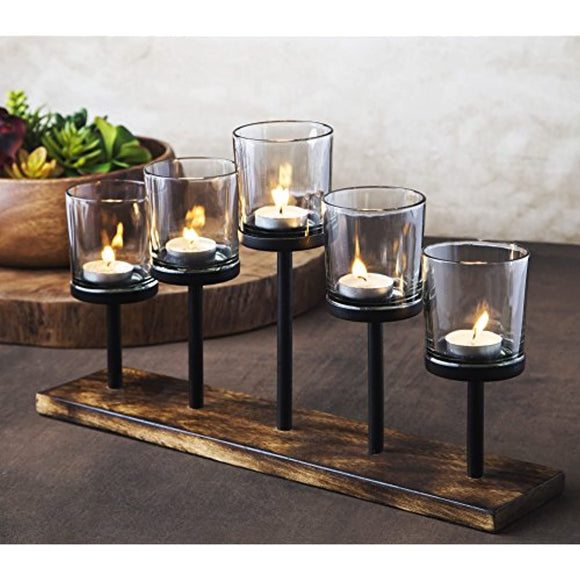 Elegant Decorative Votive Candle Holder Centerpiece, 5 Glass Votive Cups on Wood Base/Tray for Wedding, dining table centerpiece, decorations living room, decor coffee table Centerpiece, birthday gift