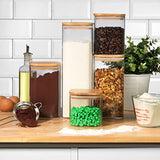 5 Square Canisters, Glass Kitchen Canister with Airtight Bamboo Lid, Glass Storage Jars for Kitchen, Bathroom and Pantry Organization Ideal for Flour, Sugar, Coffee, Candy, Valentine’s Day Gift.
