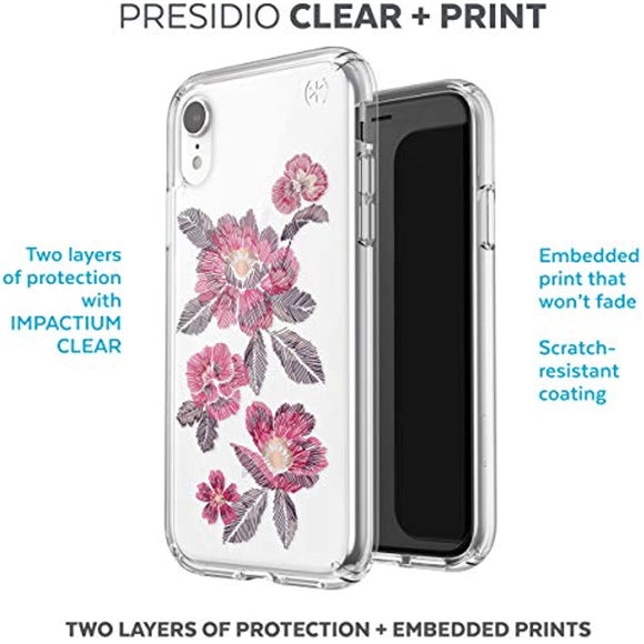 Speck Products Presidio Clear + Print iPhone XR Case, EmbroideredFloral Fuchsia/Clear