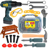 Play Brainy Pretend Kids Tool Kit with Toolbox, Heavy-Duty Plastic Electric Drill, Wrenches, Hammer, Screws, and Faux Wood Toys, Educational Early Learning Building and Construction (28 Pcs)