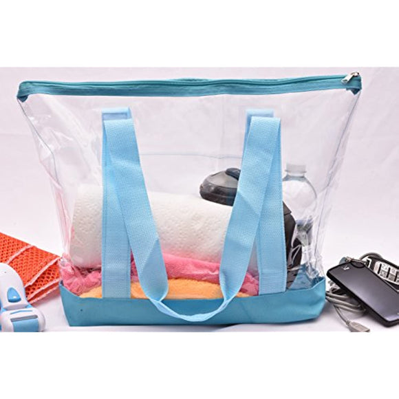 Clear Tote Bag - Zipper Closure, Long Shoulder Strap, Fabric Trimming. (Teal)