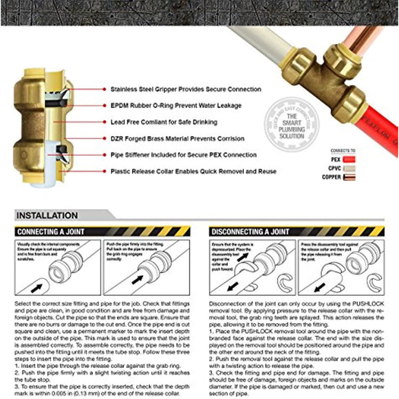 Everflow Supplies Pushlock Push-Fit Stop End UPSE34 3/4 Inch, Instant Push-Fit Connection Connects Copper Tubing, CTS CPVC & PEX Pipe in any Combination Compact, Brass Body Foundation
