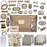 PICKME's D.I.Y Vintage Scrapbook Kits for Adults & Kids, Hardcover Coil-Bound Scrapbook Album Including Stationery Set with Gold Embossed Stickers, Ribbons & Journaling Supplies. (7.5" x 8", 100Pc)