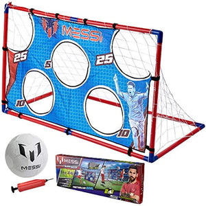 Messi Training System Large Soccer Goal Net and Ball 3 Piece Set - 2 in 1 Foldable Target Practice Soccer Training Equipment for Kids - Includes Size 2 Soccer Ball + Air Pump - Foot Volley Goal