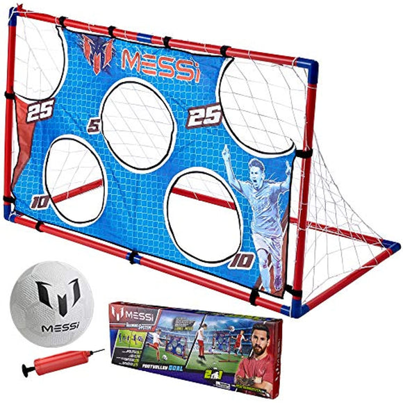 Messi Training System Large Soccer Goal Net and Ball 3 Piece Set - 2 in 1 Foldable Target Practice Soccer Training Equipment for Kids - Includes Size 2 Soccer Ball + Air Pump - Foot Volley Goal