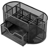 Halter Steel Mesh 2 Piece Desk Organizer Set - Oval Desk Supply Caddy and 3 Drawer Mini Hutch Organizer Storage - Black