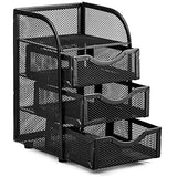 Halter Steel Mesh 2 Piece Desk Organizer Set - Oval Desk Supply Caddy and 3 Drawer Mini Hutch Organizer Storage - Black