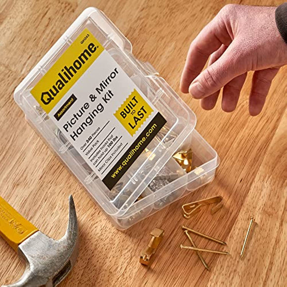 Picture Hanging Kit with Hooks, Nails, Sawtooth Hangers, Screw Eyes, and Wire