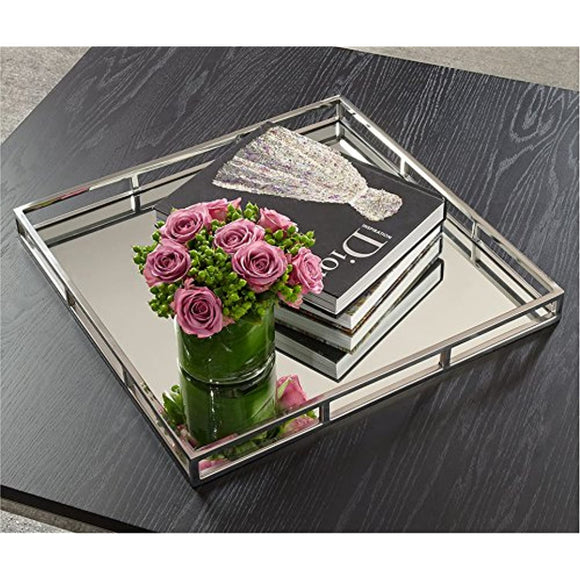 Le'raze Beautiful Stainless Steel Mirrored Tray with Side Rails, Elegant Square Vanity Mirror Tray with Side Bars, Makes A Great Bling Gift 16 Inch