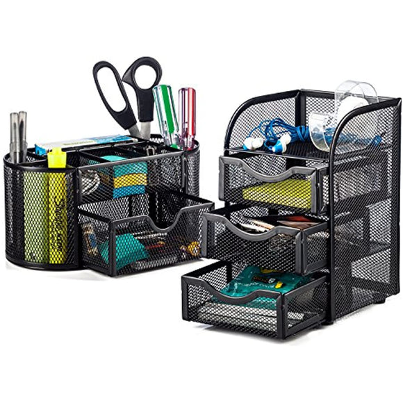 Halter Steel Mesh 2 Piece Desk Organizer Set - Oval Desk Supply Caddy and 3 Drawer Mini Hutch Organizer Storage - Black
