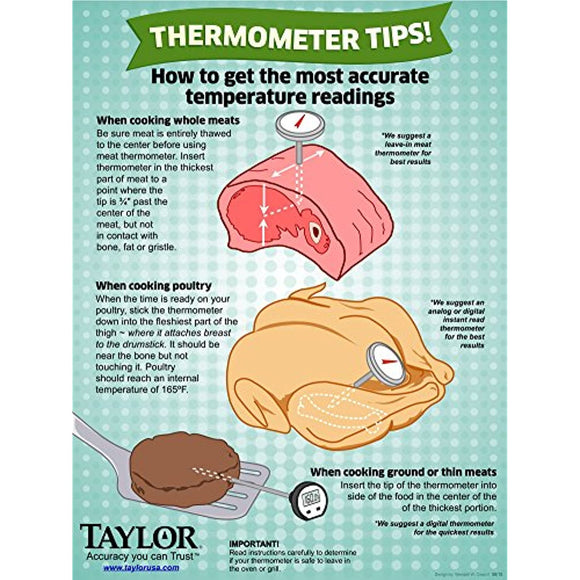 Taylor Precision Products Instant Read Analog Meat Food Grill BBQ Cooking Kitchen Thermometer with Red Pocket Sleeve for Calibration, 1 inch dial, Stainless Steel