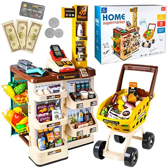 Play Brainy Kid’s Supermarket Playset with Cash Register, Store Stand, Toy Food, and Trolley Cart, Interactive Play Pretend Accessories, Early Learning and Educational Fun