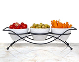 Elegant 4-piece Tier Relish Tray with White Ceramic Bowl Dish & Stand, Server Set with Metal Rack, Buffet Server for Appetizers, Candy, Nuts and Dips & Favorite Food.