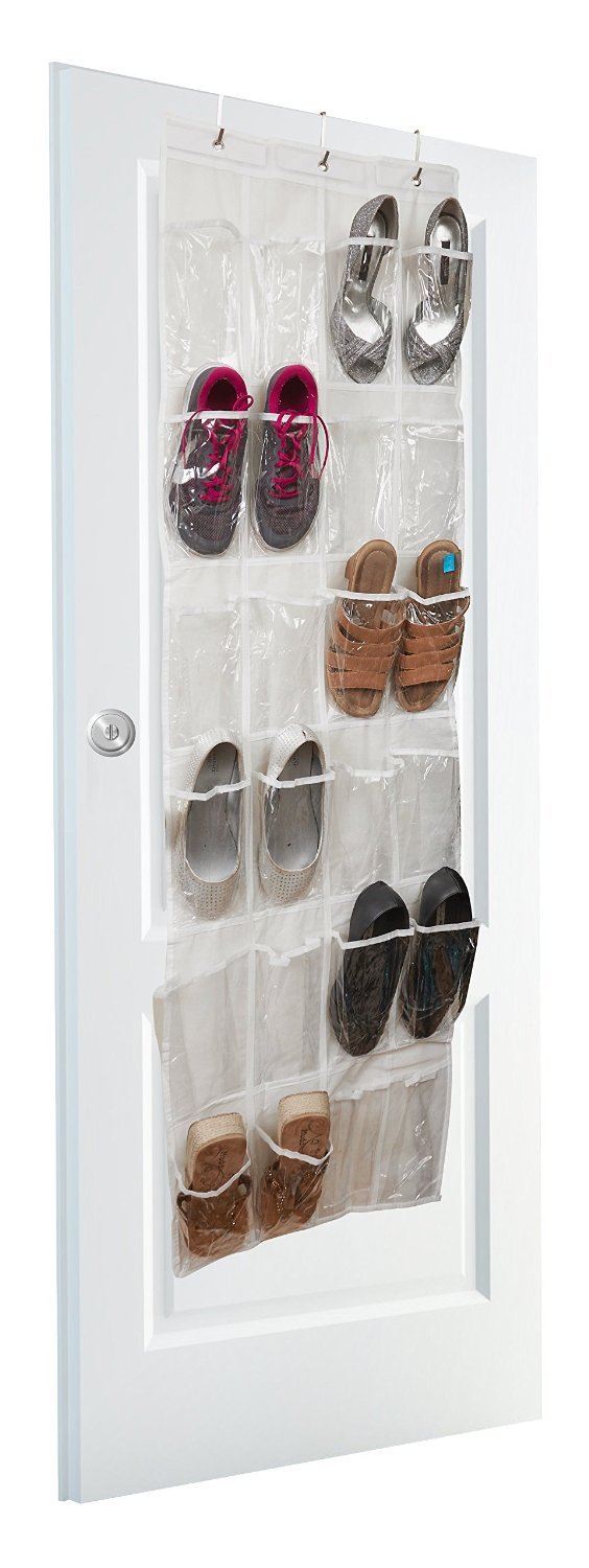 Vinyl Over The Door Shoe Organizer with 24 Reinforced Pockets. Organize Your Shoes with This Shoe Rack Over The Door Organizer and Save Space. Hang on Standard Doors with 3 Steel Over The Door Hooks.