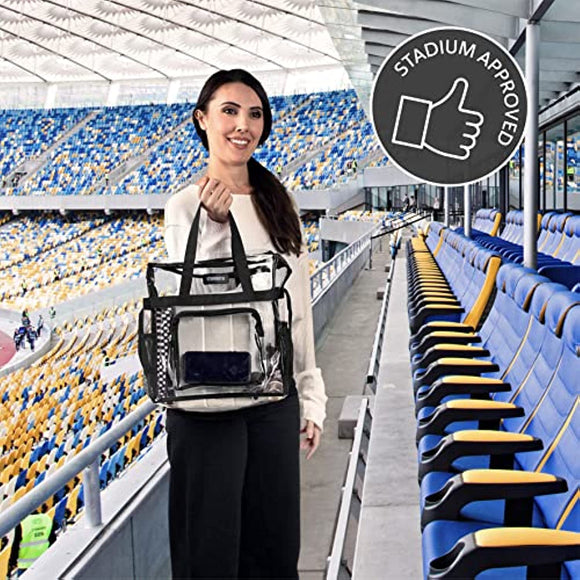 Clear Tote Bag Stadium Approved - Mesh Pockets, Shoulder Straps and Zippered Top. Perfect Clear Bag for Work, School, Sports Games and Concerts. Meets Stadium Tournament Guidelines. (Black)