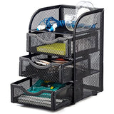 Halter Steel Mesh 2 Piece Desk Organizer Set - Oval Desk Supply Caddy and 3 Drawer Mini Hutch Organizer Storage - Black