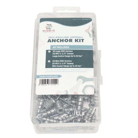 Self Drilling Drywall/Hollow-Wall Anchor Kit with Screws, 100 Pieces All Together, Kit Includes 2 Different Sizes, Large and Small Anchors (Zinc)