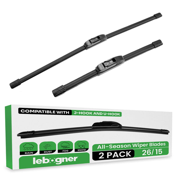 lebogner Wiper Blades 26 Inch + 15 Inch Pack of 2 All-Seasons Automotive Replacement Windshield Wiper Blades For My Car, Stable And Quiet Silicone Beam Blade Compatible With U/J Hook, Easy To Install