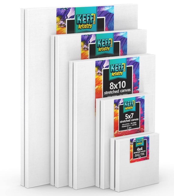 KEFF Stretched Canvases for Painting - 10 Pack Blank Art Paint Canvas Set - 4x4, 5x7, 8x10, 9x12, 11x14 Inches for Acrylic, Oil & More - 100% Cotton Primed