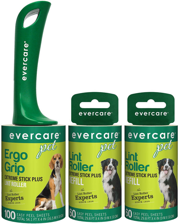 Evercare Pet Hair Extra Sticky Lint Roller with 2 Refills, New Ergo Grip, 220 Total Sheets (220 Sheets) (220 Sheets)