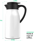 Vremi 51 Ounce Stainless Steel Thermal Coffee Carafe - 1.5 Liter Double Walled Vacuum Insulated Large Tea Thermos with Leak Proof Lid - Compact Travel-Size Thermal Pots Hot Cold Beverage - White