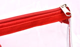 Clear Tote Bag - Zipper Closure, Long Shoulder Strap, Fabric Trimming. (Red)