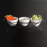 Elegant 4-piece Tier Relish Tray with White Ceramic Bowl Dish & Stand, Server Set with Metal Rack, Buffet Server for Appetizers, Candy, Nuts and Dips & Favorite Food.