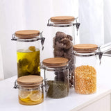 Le'raze Glass Food Storage Jars Containers, [Set of 5] High Borosilicate Glass Cookie Jars with Airtight Bamboo Clamp Lid, Airtight Canisters for Kitchen Bathroom and Pantry Organization Ideal for Flour, Sugar, Coffee, Candy, Snack and More