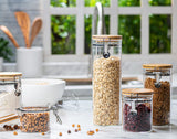 Le'raze Glass Food Storage Jars Containers, [Set of 5] High Borosilicate Glass Cookie Jars with Airtight Bamboo Clamp Lid, Airtight Canisters for Kitchen Bathroom and Pantry Organization Ideal for Flour, Sugar, Coffee, Candy, Snack and More