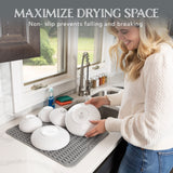 Silicone Dish Drying Mat - Drain Hole, Non-Slip, Heat Resistant, Foldable. Great for Dishes, Kitchen Sink, Counter Top, Fridge Drawer Liner or Trivet for Hot Pots. (16" X 20" | Grey)
