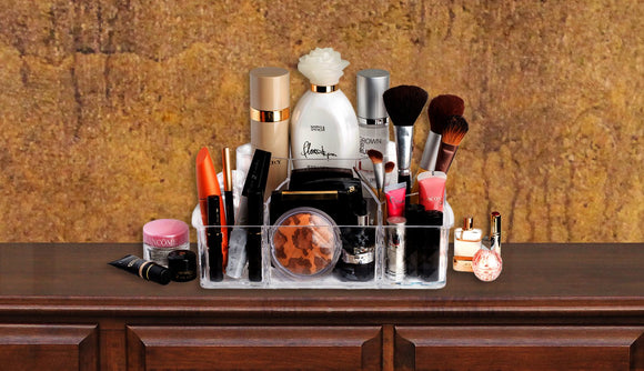 Clear Cosmetic Storage Organizer - Easily Organize Your Cosmetics, Jewelry and Hair Accessories. Looks Elegant Sitting on Your Vanity, Bathroom Counter or Dresser. Clear Design for Easy Visibility.