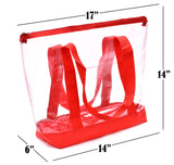 Clear Tote Bag - Zipper Closure, Long Shoulder Strap, Fabric Trimming. (Red)