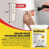 Qualihome Self Drilling Drywall Anchors - Plastic Anchors for Drywall, Gypsum Wallboard, Sheetrock - Screw Anchors for Multiple Wall Hanging Items - No Pre Drilling Required - 75 Lbs. (200 Pack)