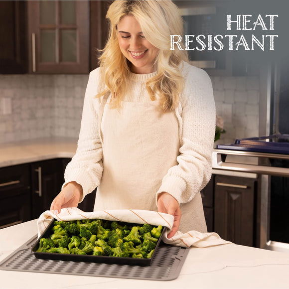 Silicone Dish Drying Mat - Drain Hole, Non-Slip, Heat Resistant, Foldable. Great for Dishes, Kitchen Sink, Counter Top, Fridge Drawer Liner or Trivet for Hot Pots. (16
