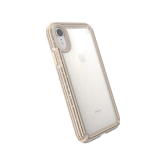 Speck Products Presidio V-Grip iPhone XR Case, Clear with Gold Glitter/Calfskin Brown (120253-7730)