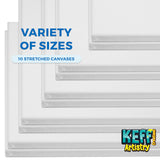 KEFF Stretched Canvases for Painting - 10 Pack Blank Art Paint Canvas Set - 4x4, 5x7, 8x10, 9x12, 11x14 Inches for Acrylic, Oil & More - 100% Cotton Primed