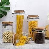 Le'raze Glass Food Storage Jars Containers, [Set of 5] High Borosilicate Glass Cookie Jars with Airtight Bamboo Clamp Lid, Airtight Canisters for Kitchen Bathroom and Pantry Organization Ideal for Flour, Sugar, Coffee, Candy, Snack and More