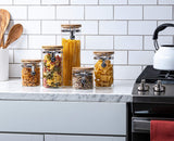 Le'raze Glass Food Storage Jars Containers, [Set of 5] High Borosilicate Glass Cookie Jars with Airtight Bamboo Clamp Lid, Airtight Canisters for Kitchen Bathroom and Pantry Organization Ideal for Flour, Sugar, Coffee, Candy, Snack and More
