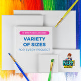 KEFF Stretched Canvases for Painting - 10 Pack Blank Art Paint Canvas Set - 4x4, 5x7, 8x10, 9x12, 11x14 Inches for Acrylic, Oil & More - 100% Cotton Primed