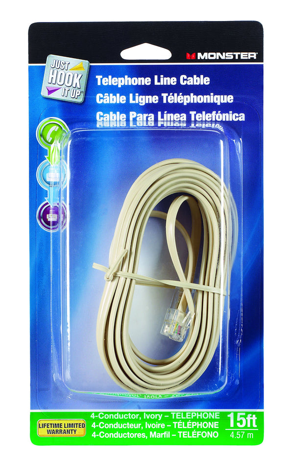Monster Cable Telephone Line Cable Modular 4 Conductor 15 ' Ivory Carded