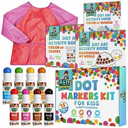 Washable Markers 13 Piece Dot Art Paint Kit Pack for Kids with Coloring Books and Smock Apron, Non Toxic Daubers Activity for Toddlers and Up - by KEFF Creations